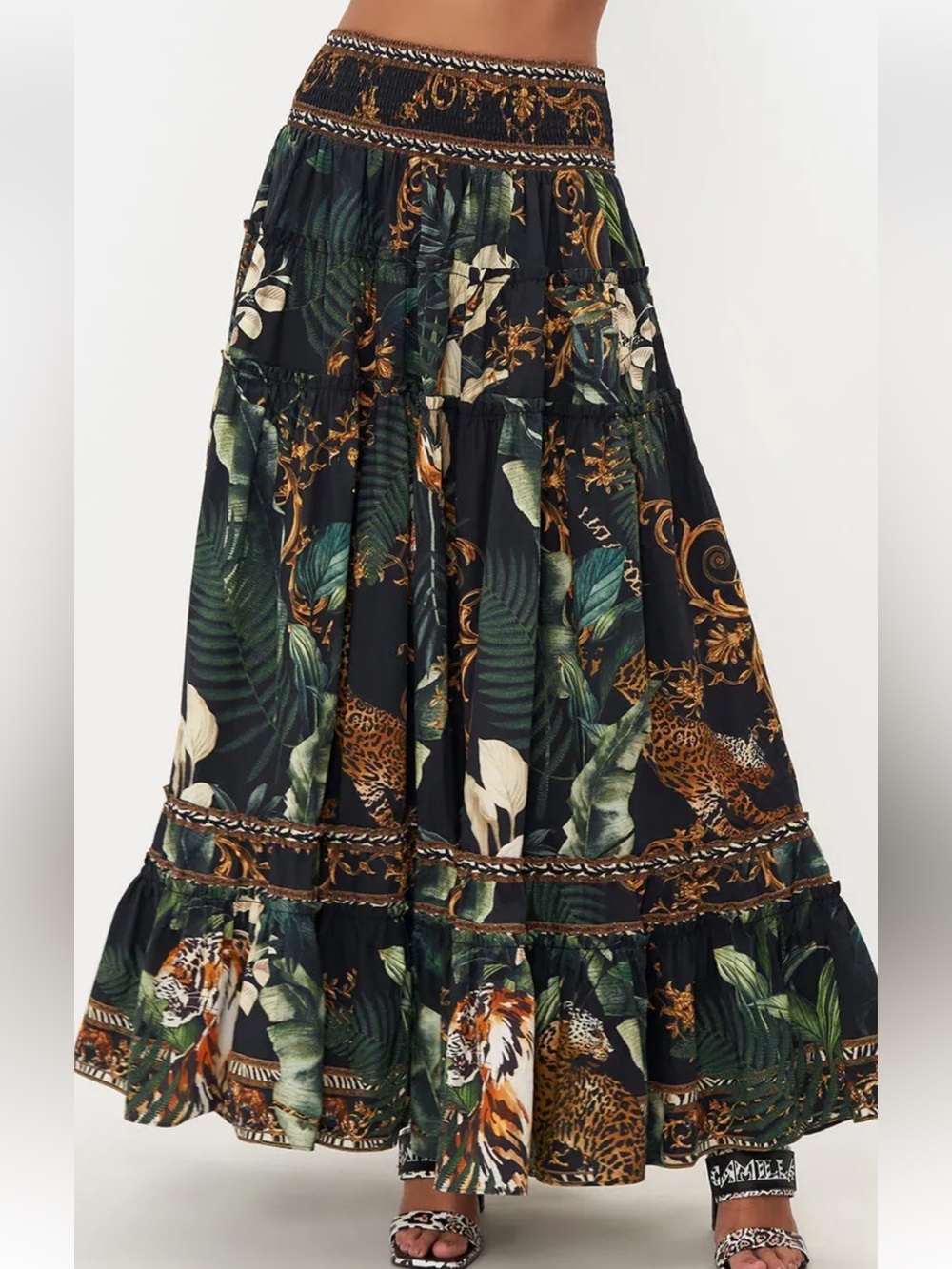 Camilla Black Maxi Skirt with Gold & Green Jungle Print